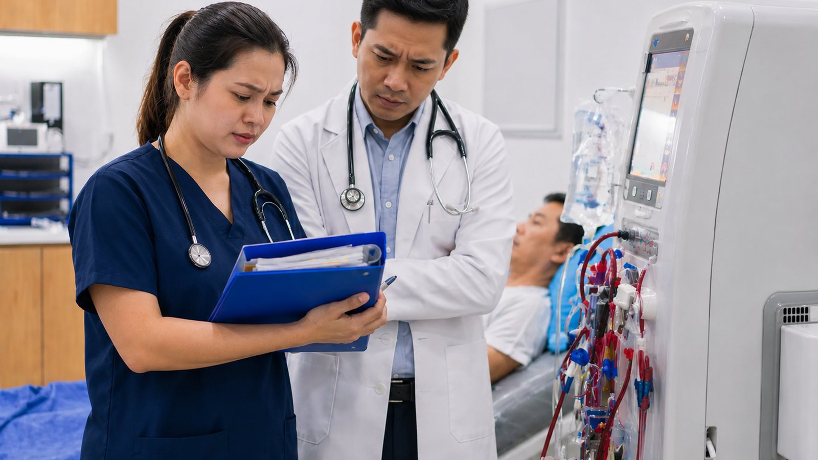 A Head Nurse and a nephrologist reviewing a folder of printed laboratory results beside a dialysis station.